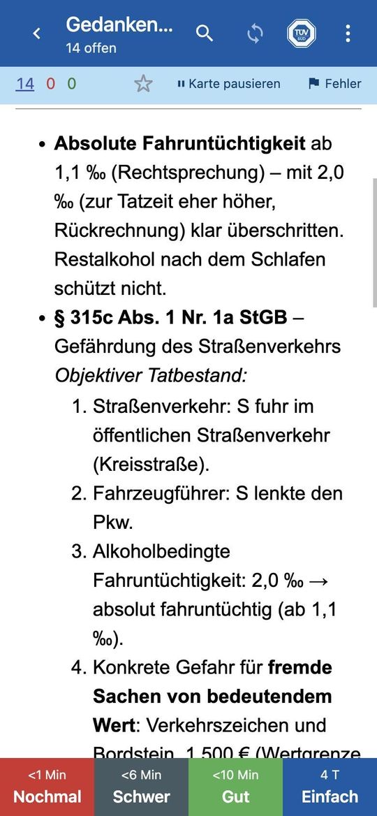 Antwortseite der Karteikarte mit Paragraphen und Bewertungsknöpfen