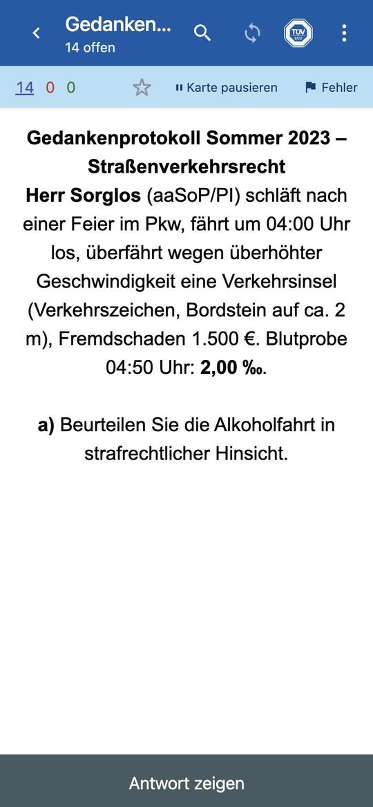 Karteikarte mit einer Prüfungsfrage zum Straßenverkehrsrecht