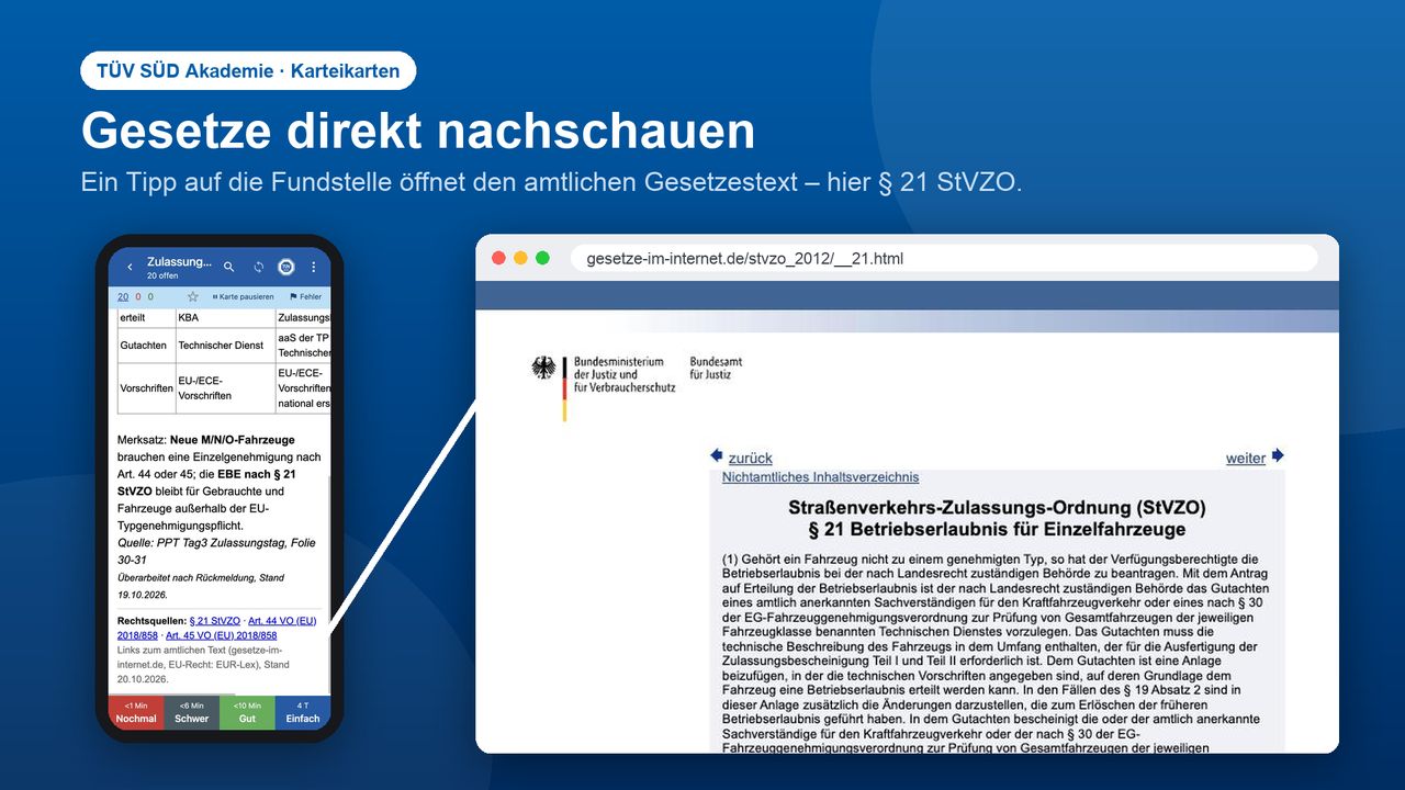 Karteikarte neben dem amtlichen Text von § 21 StVZO auf gesetze-im-internet.de
