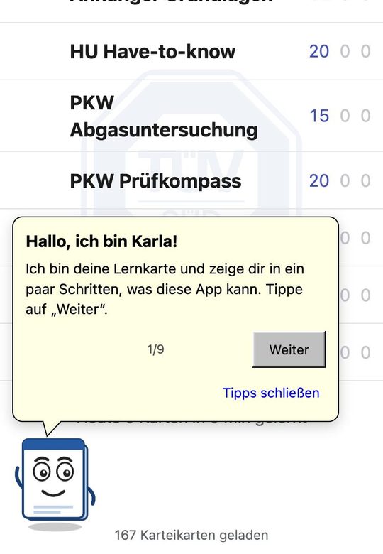 Lern-Assistentin Karla erklärt die App in einer Sprechblase